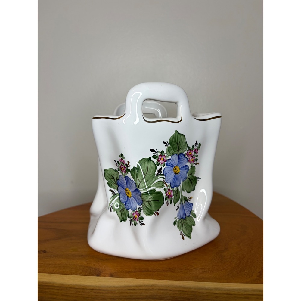 VTG Ceramic Crinkled Paper Bag Vase Hand Painted Floral Gold Trim Signed Whimsy
